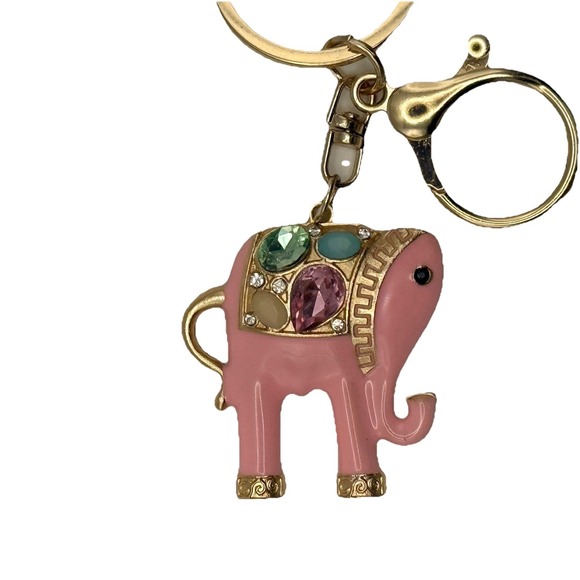 Pink Elephant Rhinestone Gold Key Chain Purse Backpack Charm Keychain - Picture 1 of 3